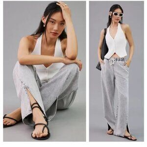 PILCRO Pants Womens Large Gray The Getaway Pull On Acid Wash Wide Leg‎ Slit Hem